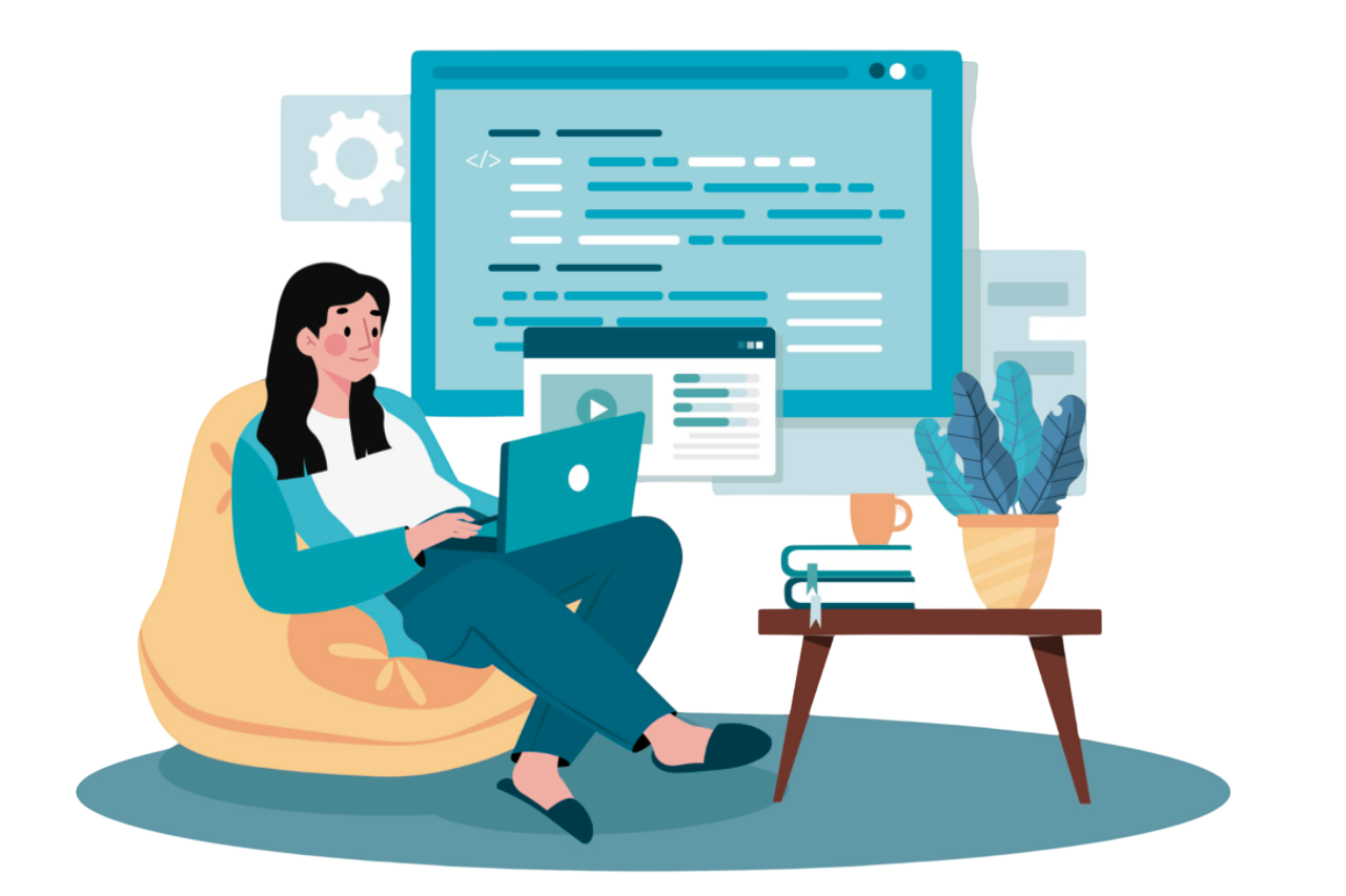 Illustration einer Frau, die an einem Laptop arbeitet, umgeben von Code und Technologie-Icons.